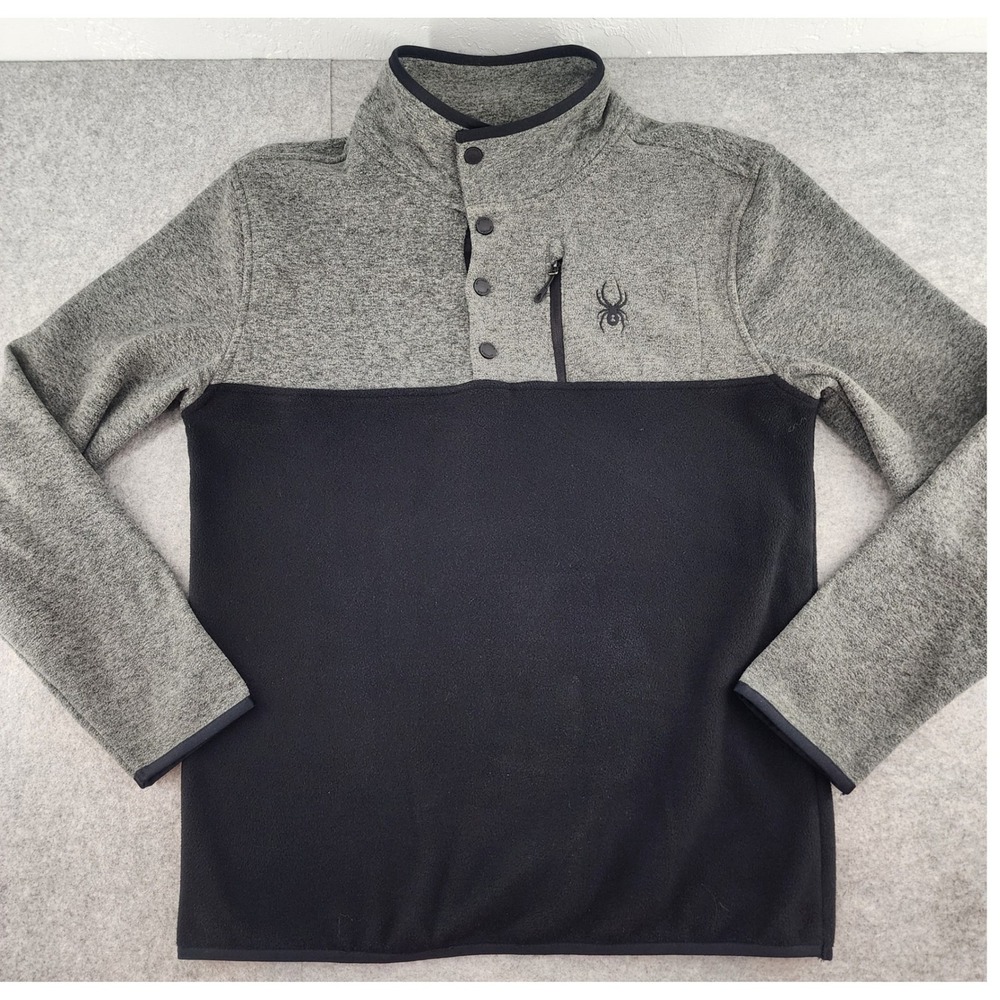 Spyder Men Medium Gray Black Fleece Snap Mock Neck Pullover Sweater SPFED163-001
